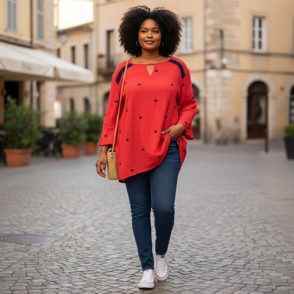 Catherines Womens 2X Red‎ Embroidered Long Bell Sleeve Keyhole Rayon Tunic Top